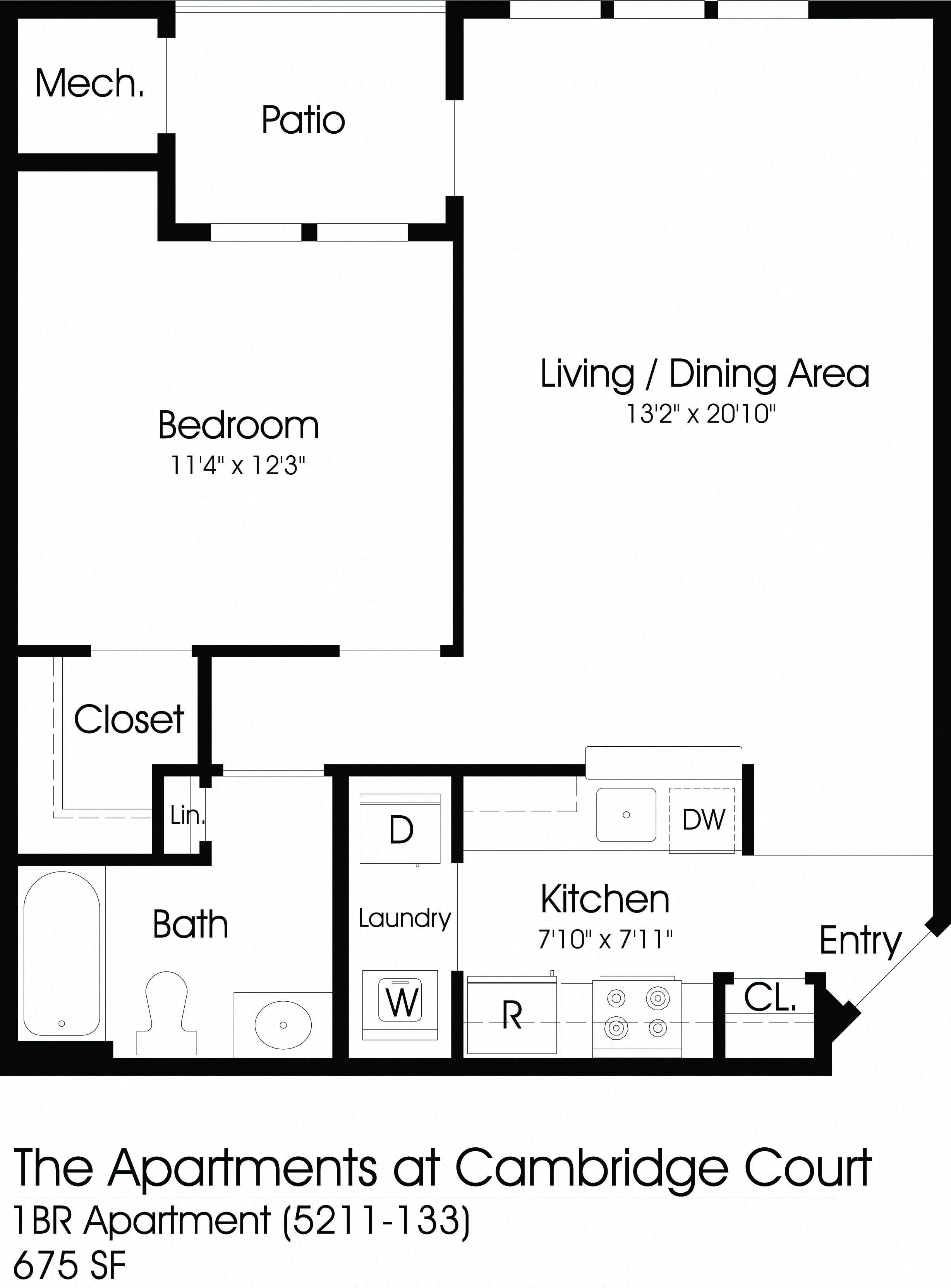 1 Bedroom Floor Plan at The Apartments at Cambridge Court, Rosedale, MD, 21237