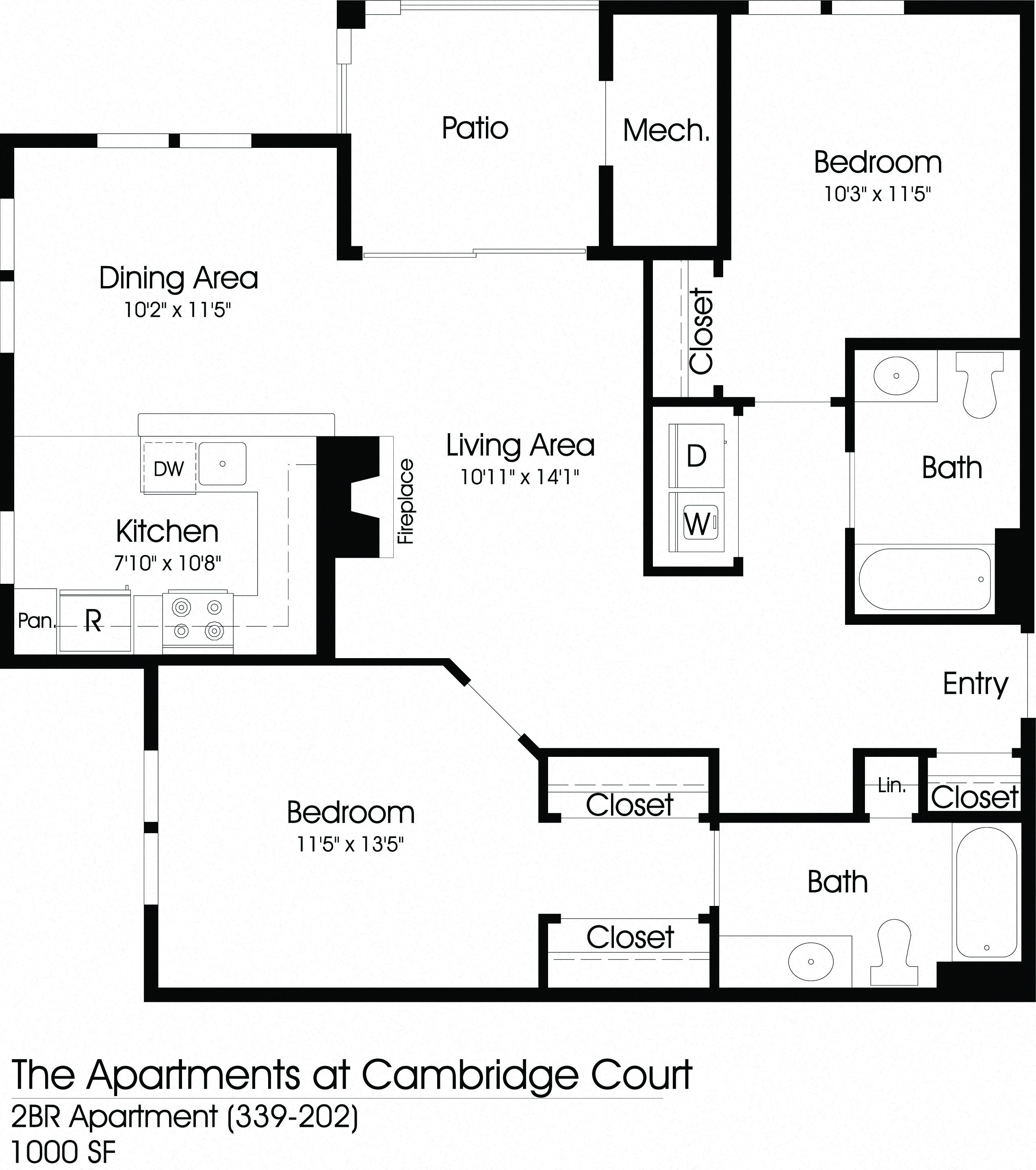 2 Bedroom 2 Bath Floor Plan at The Apartments at Cambridge Court, Rosedale, 21237