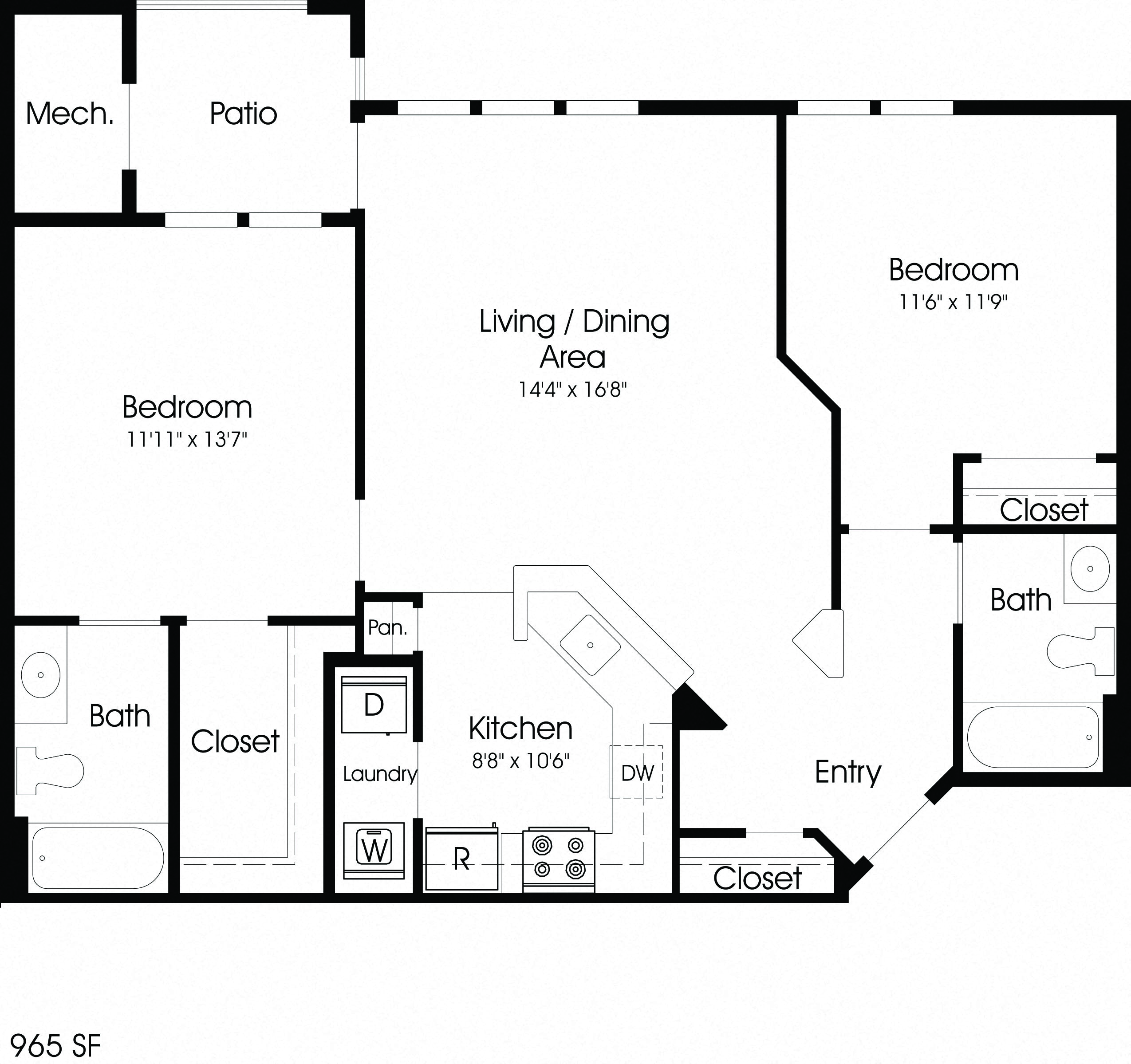 2 Bedroom Floor Plan at The Apartments at Cambridge Court, Maryland, 21237