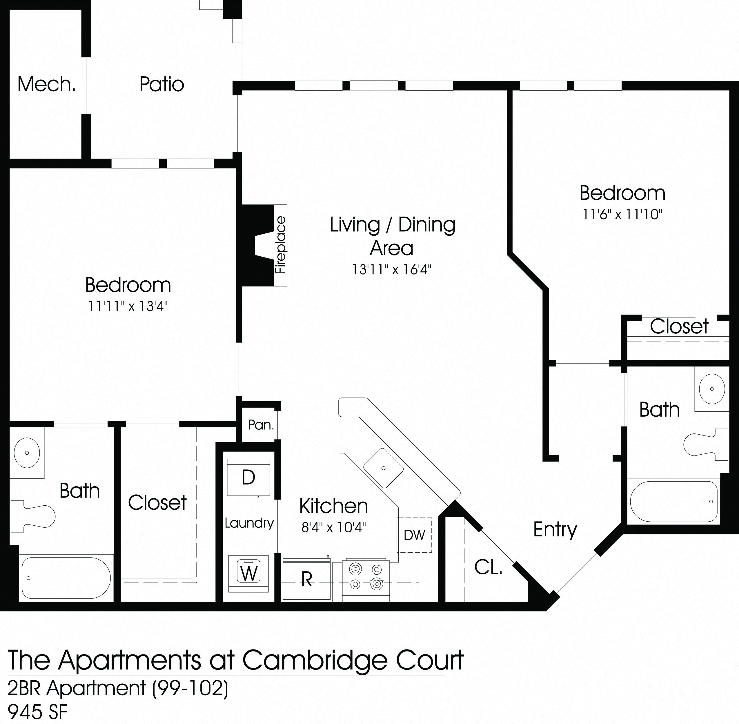 2 Bedroom 2 Bathroom Floor Plan at The Apartments at Cambridge Court, Maryland