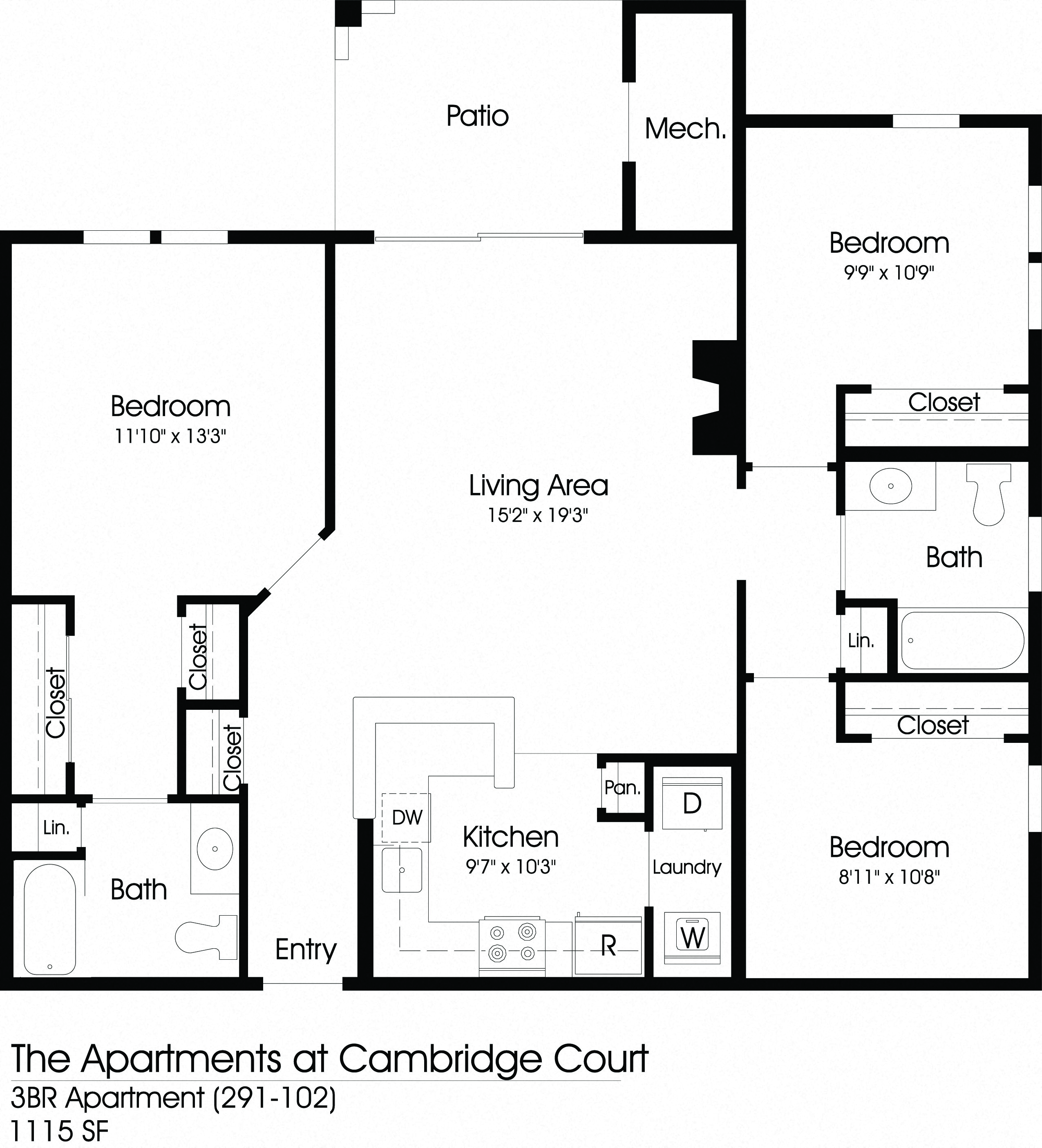 3 Bedroom Floor Plan at The Apartments at Cambridge Court, Rosedale