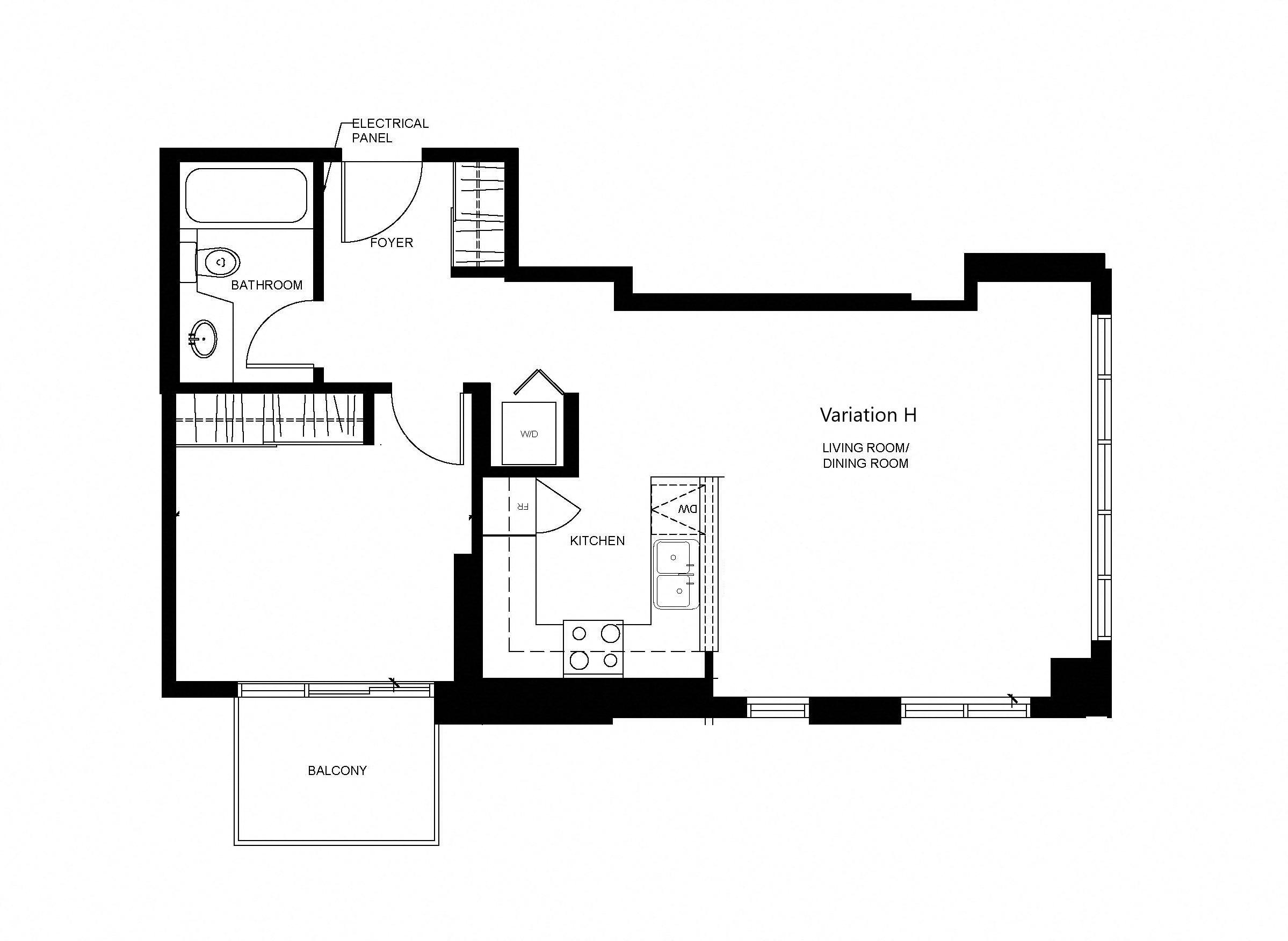 1 bedroom 1 bathroom apartment floor plan at Wesley Place apartment in Vancouver, British Columbia