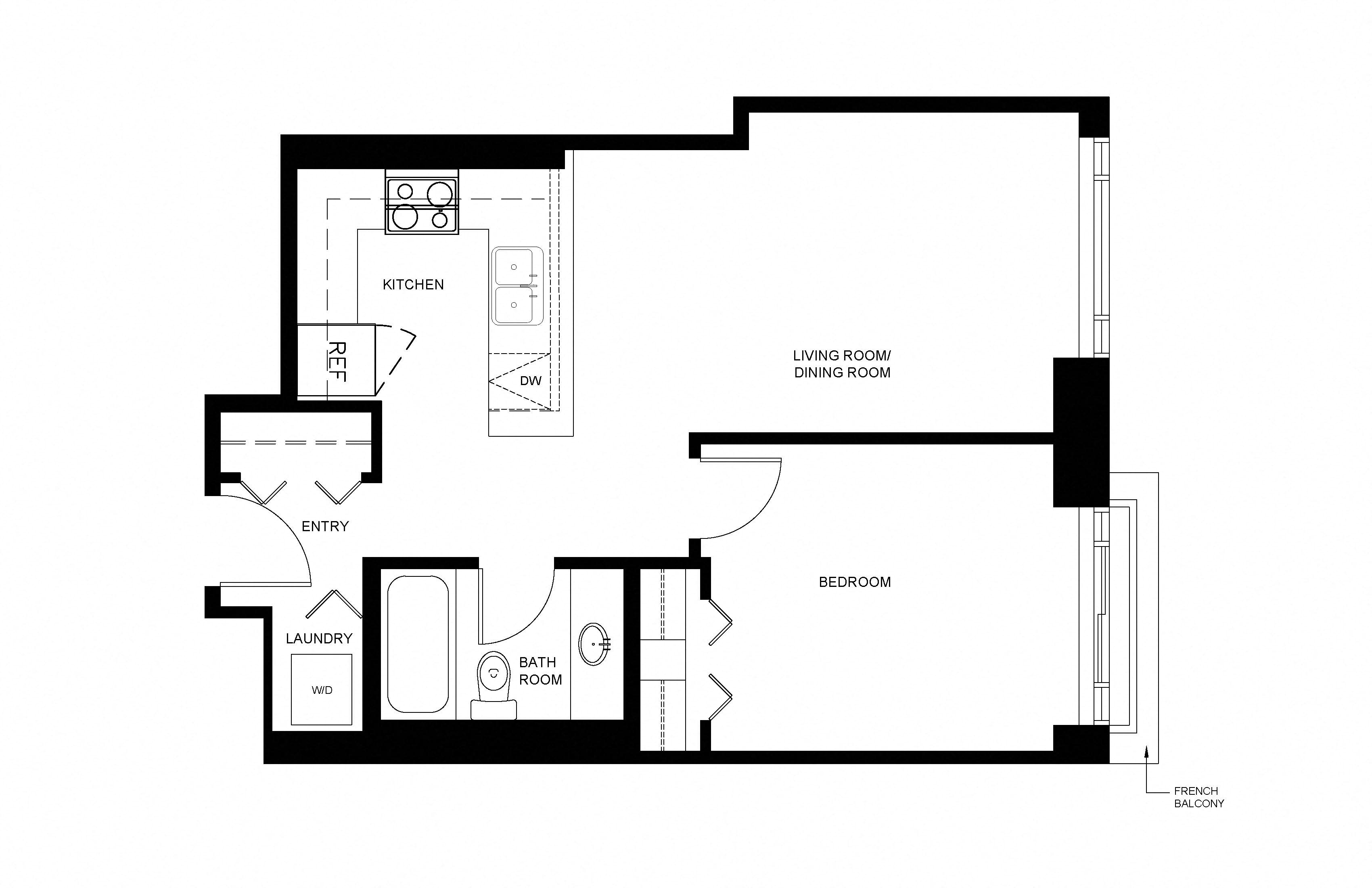 1 bedroom 1 bathroom apartment floor plan at Wesley Place apartment in Vancouver, British Columbia