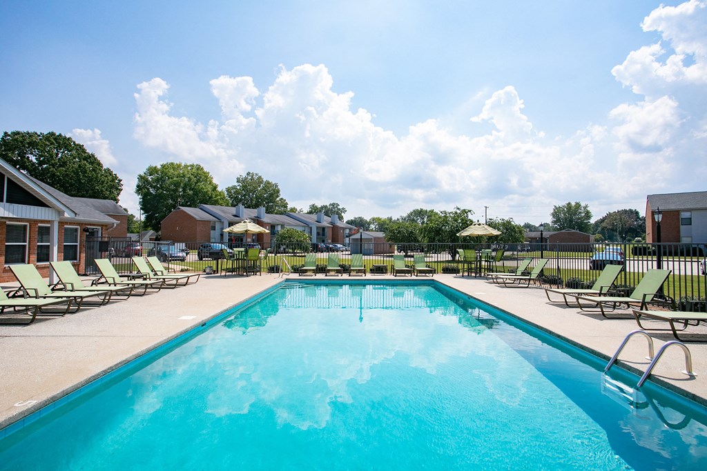 our apartments have a resort style pool with chaise lounge chairs
