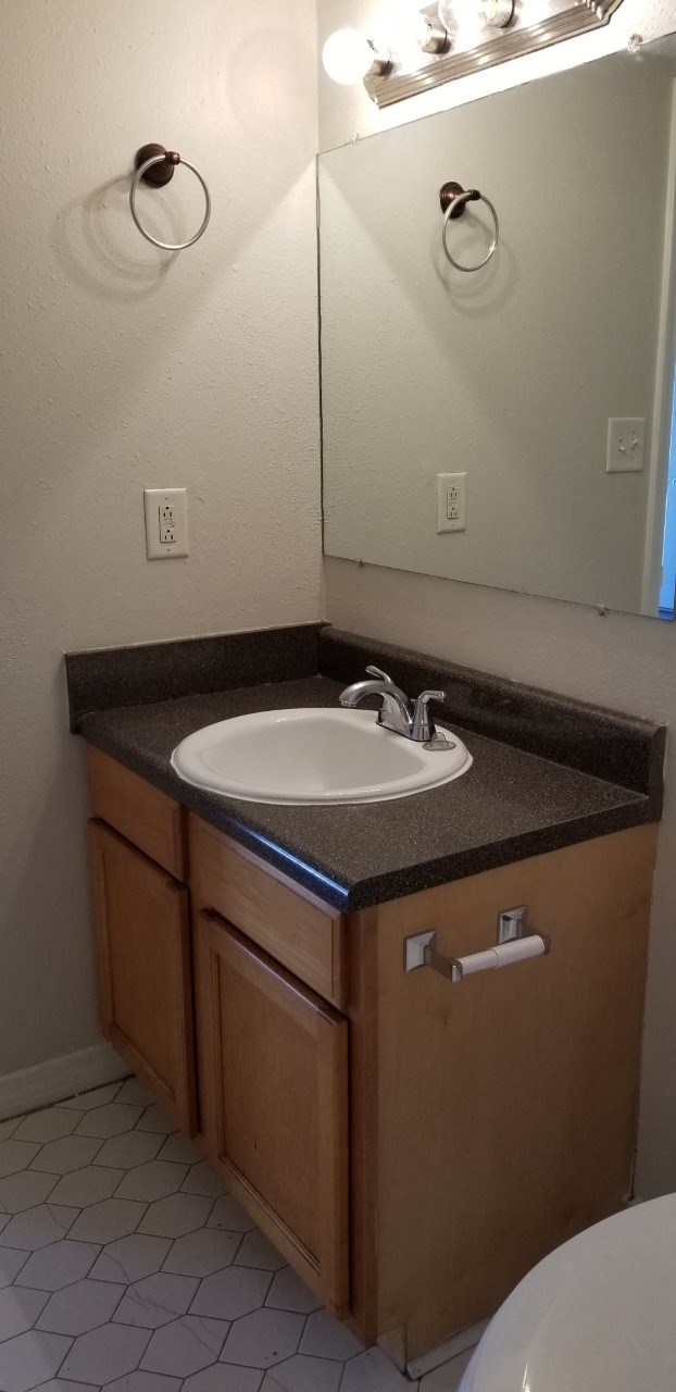 a bathroom with a sink and a mirror