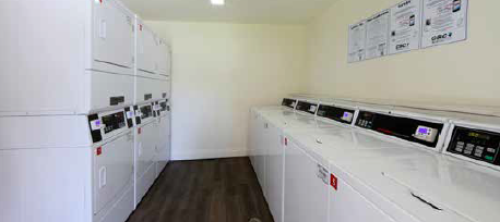a white kitchen with a row of white appliances