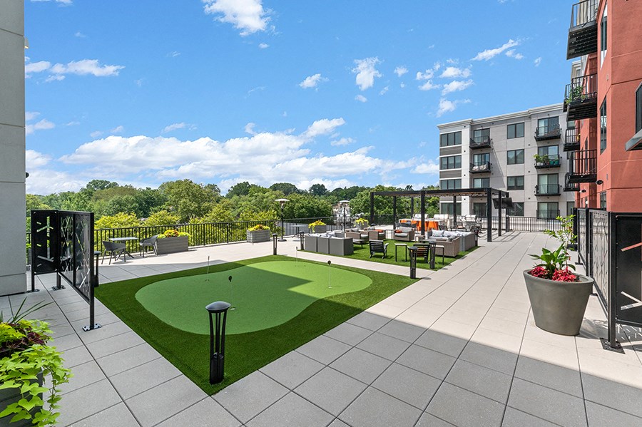 Outdoor green on the patio of The Kelly apartment complex