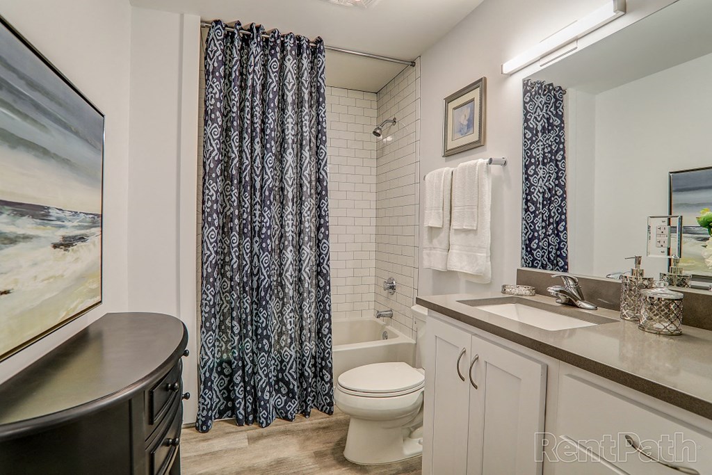 a bathroom with a shower and a toilet and a sink