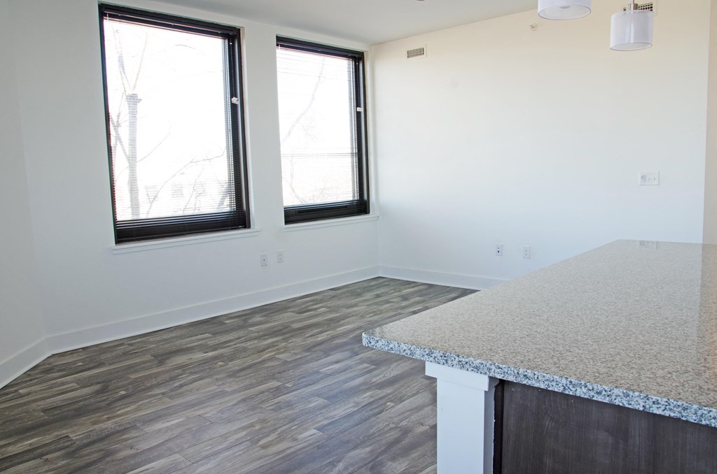 a kitchen and living room with vinyl flooring and two windows