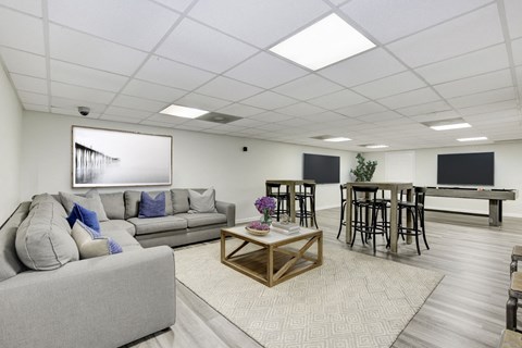 a living room with couches and a table with chairs and a television