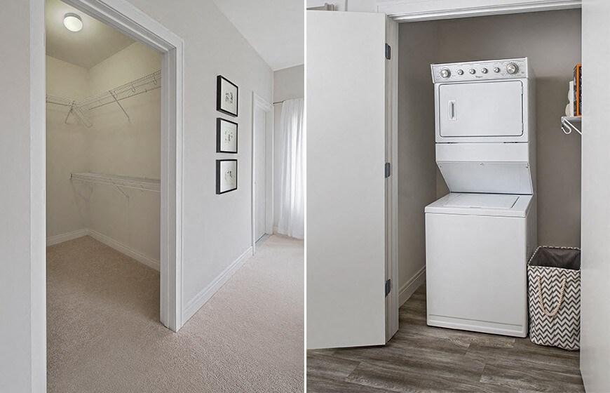 a walk in closet and a laundry room with a washer and dryer
