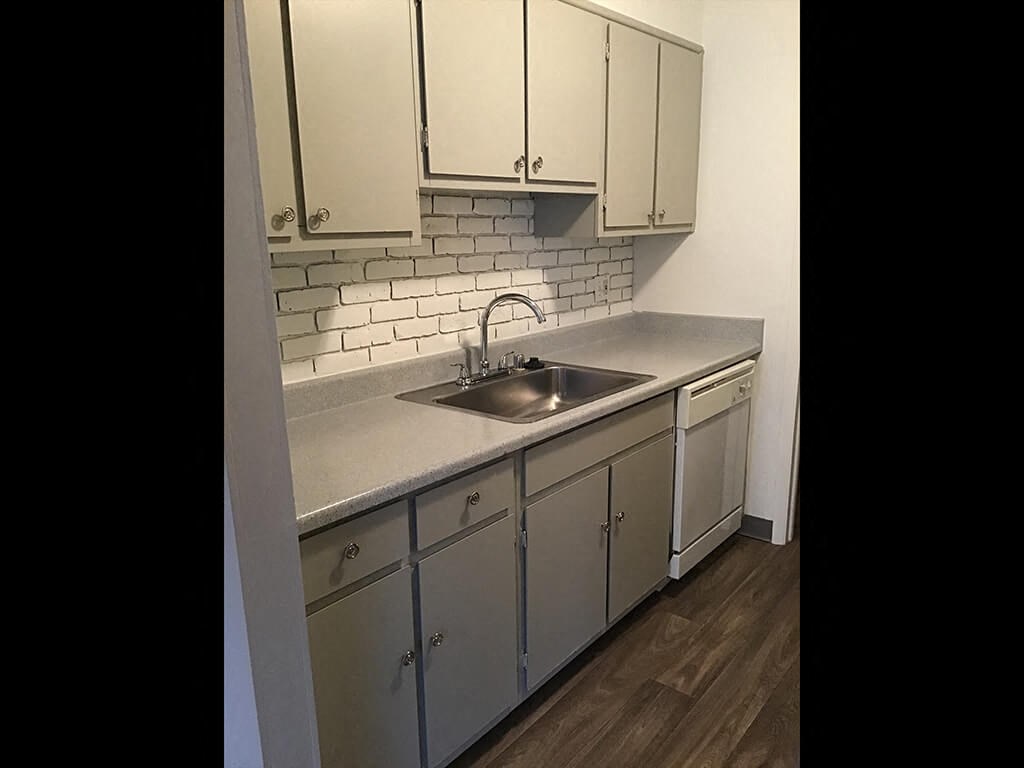 a kitchen with a sink and white cabinets
