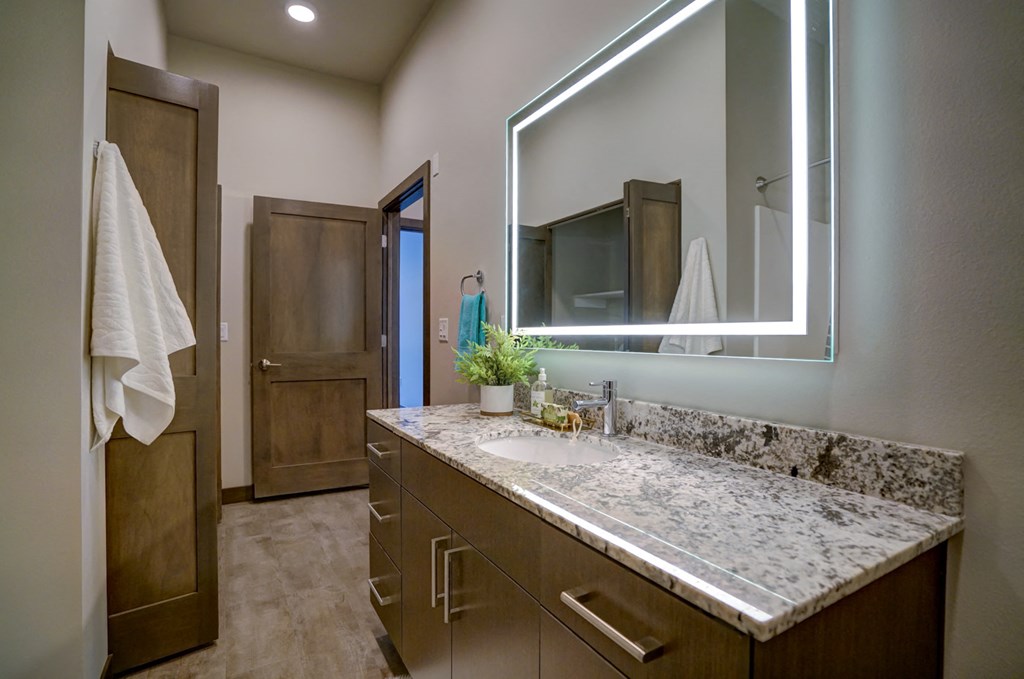 a bathroom with a sink and a mirror