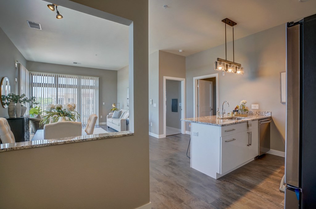 view of the kitchen and living room from the dining room