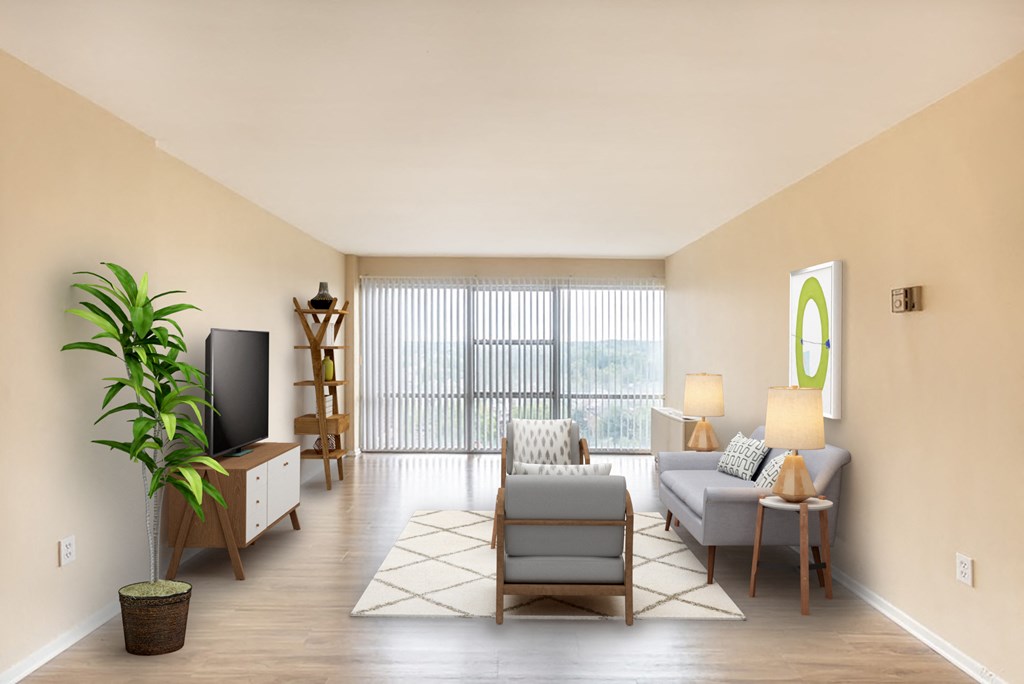 a living room with a couch and a chair and a television