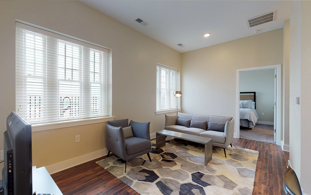 a living room with a couch and chairs and a tv