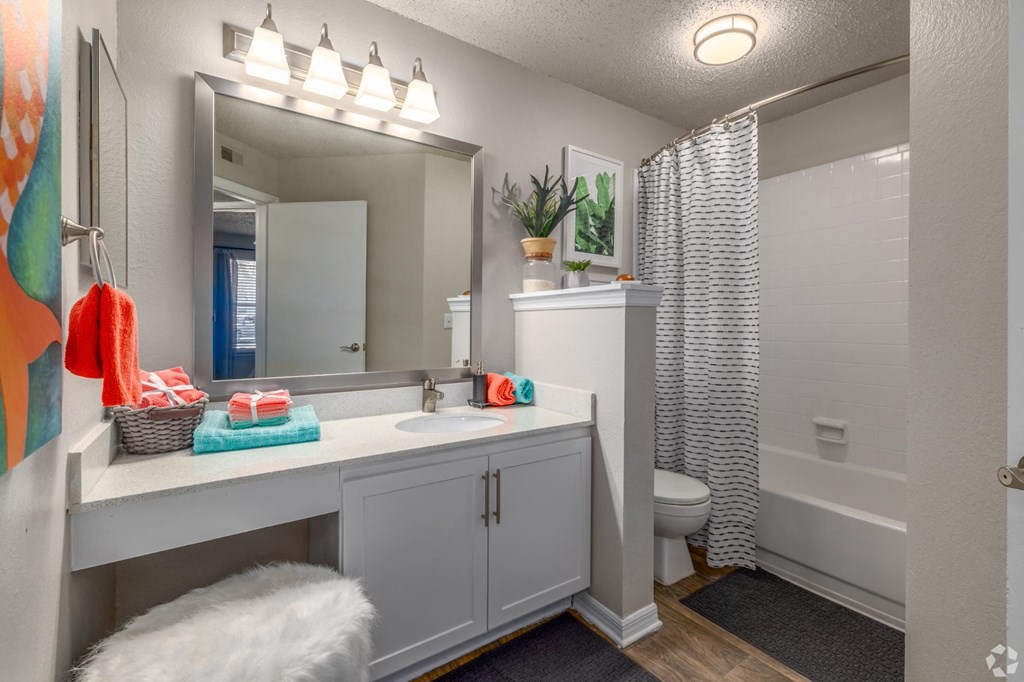 A bathroom with a white counter and a mirror above it.