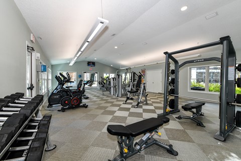a gym with cardio equipment and weights on a checkered floor