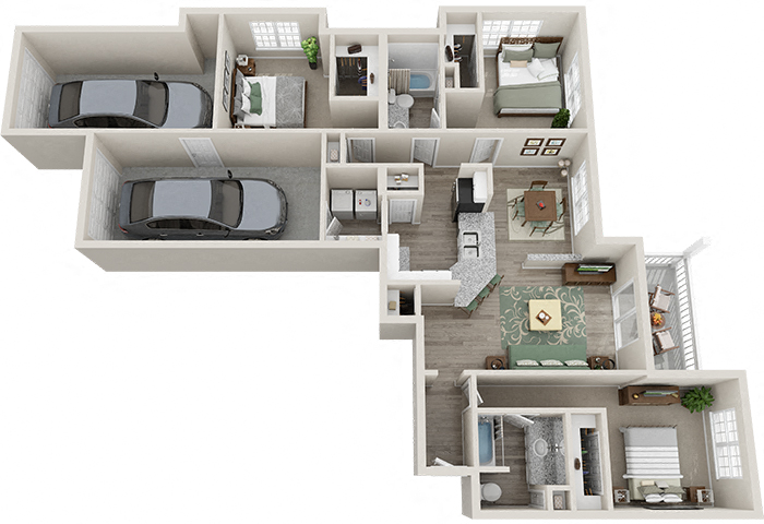 The Village 3 Bedroom 2 Bath 1,475 sf with 2 Car Garage 3D Floor Plan at The Village Apartments, Raleigh, 27615