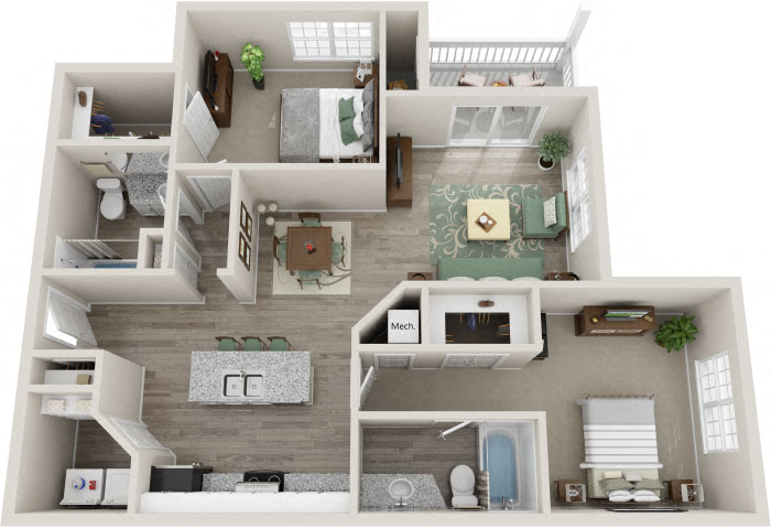 The Village 2 Bedroom 2 Bath 1,110 sf 3D Floor Plan at The Village Apartments, Raleigh, 27615