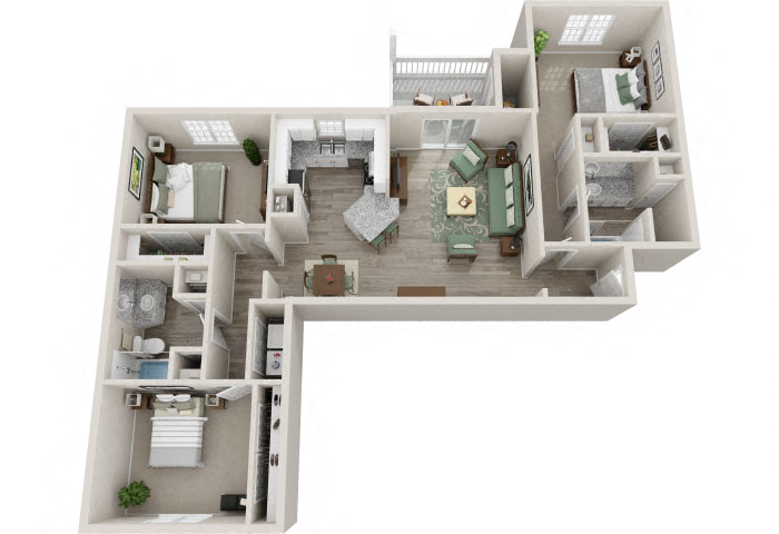The Village 3 Bedroom 2 Bath 1,385 sf 3D Floor Plan at The Village Apartments, North Carolina