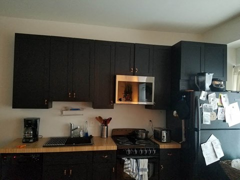 a kitchen with black cabinets and a stove and a refrigerator