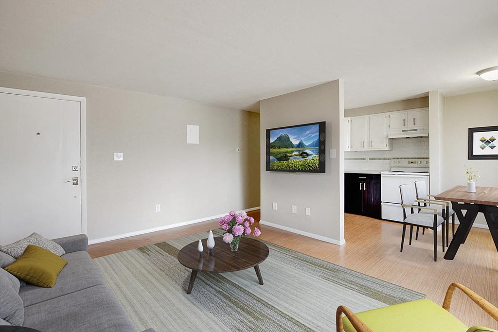 a living room with a couch and a table