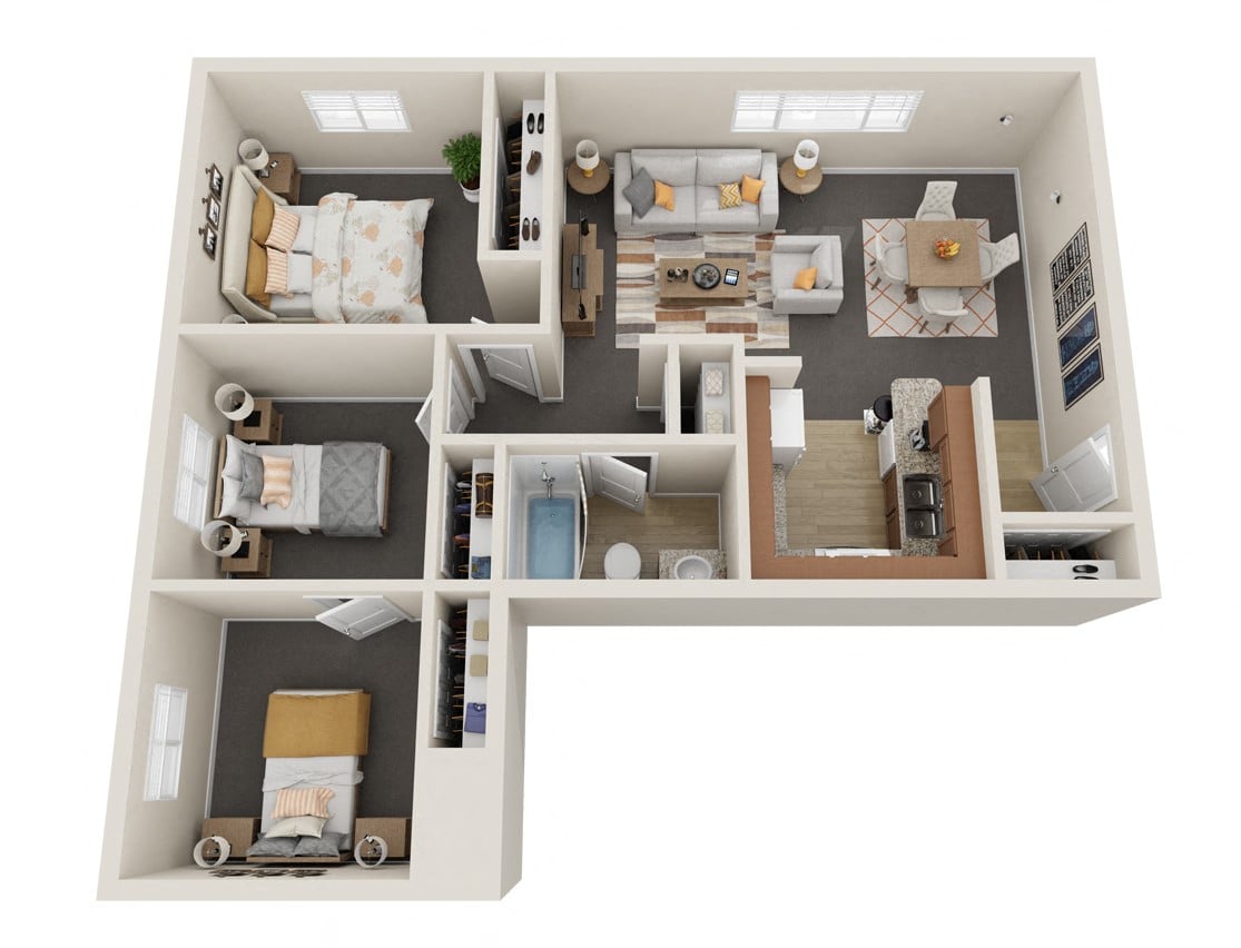 this is a 3d floor plan of a 752 square foot 1 bedroom apartment at the at Rock Creek, Billings, MT