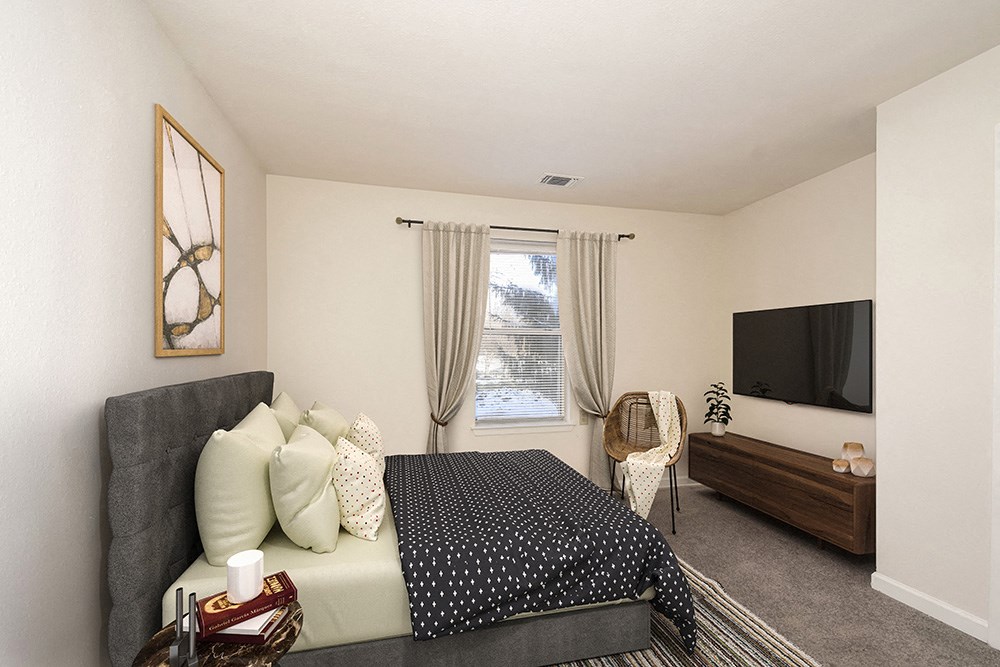 a bedroom with a bed and a tv in it