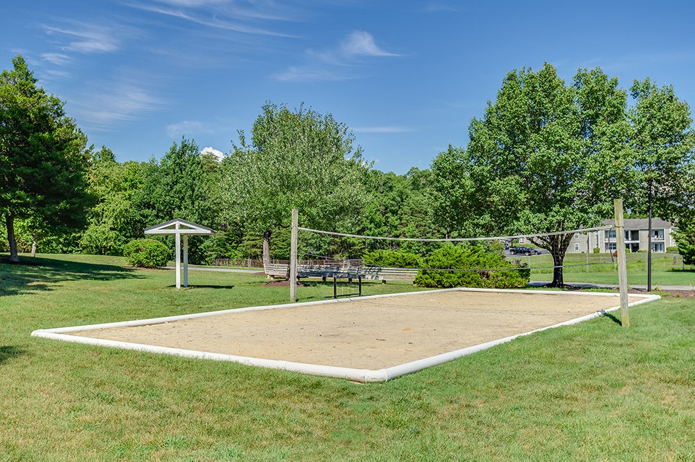 a volleyball court in a park on a sunny day