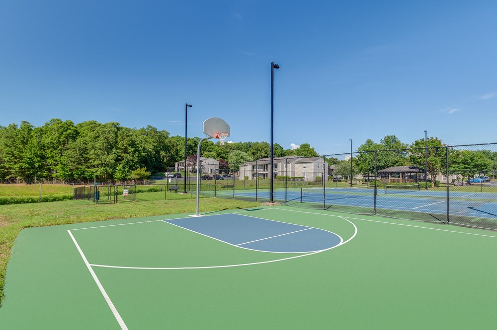 a basketball court in a park with trees and a blue sky