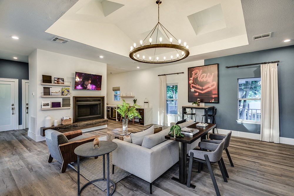 a living room with a couch and a table