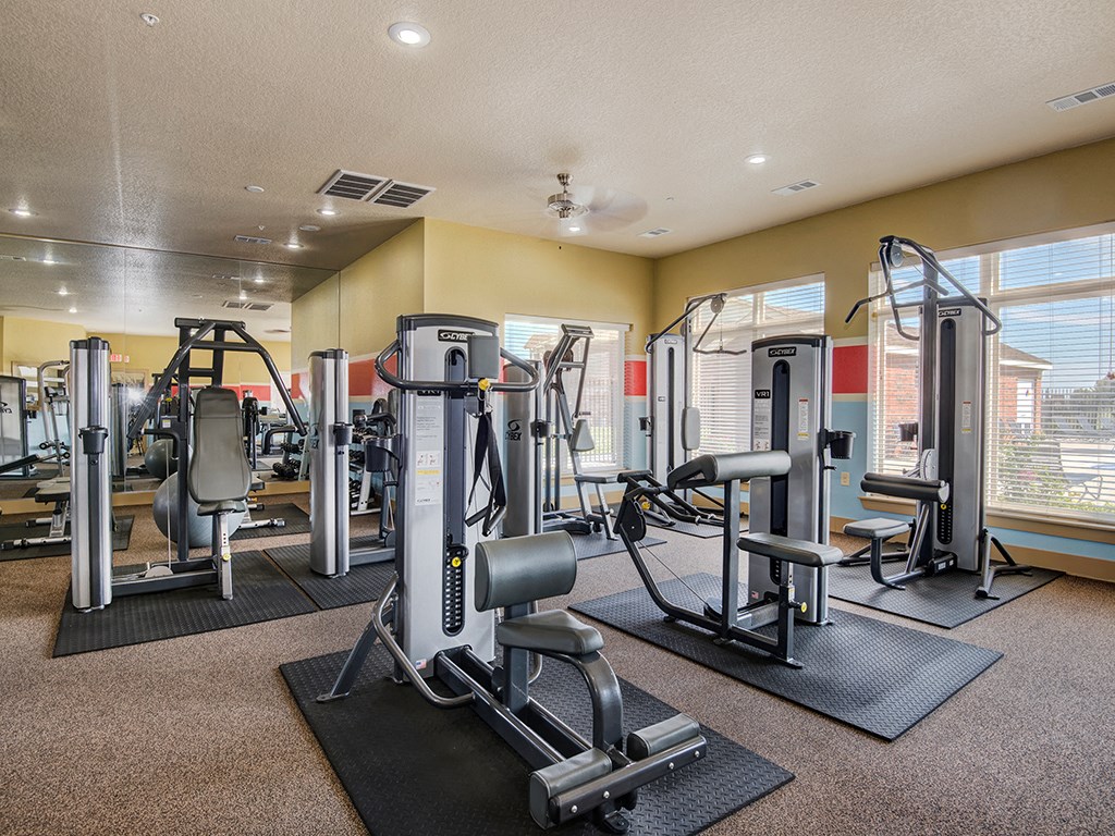 the gym at our apartments with weights and cardio equipment
