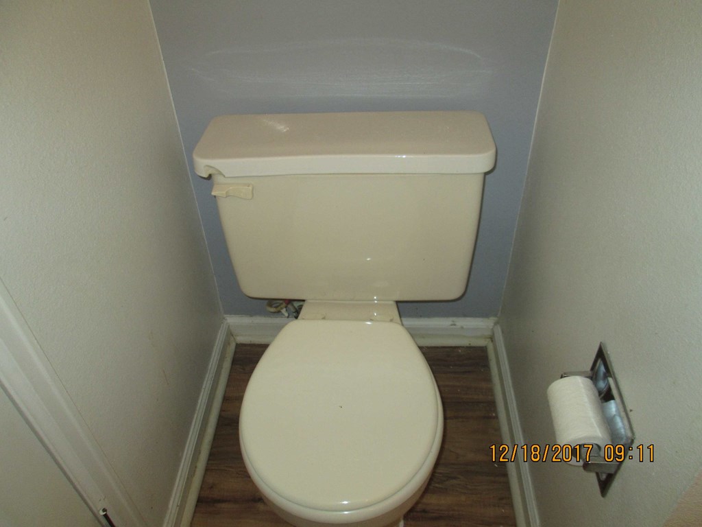 a bathroom with a toilet and a roll of toilet paper