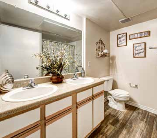 a bathroom with two sinks and a toilet