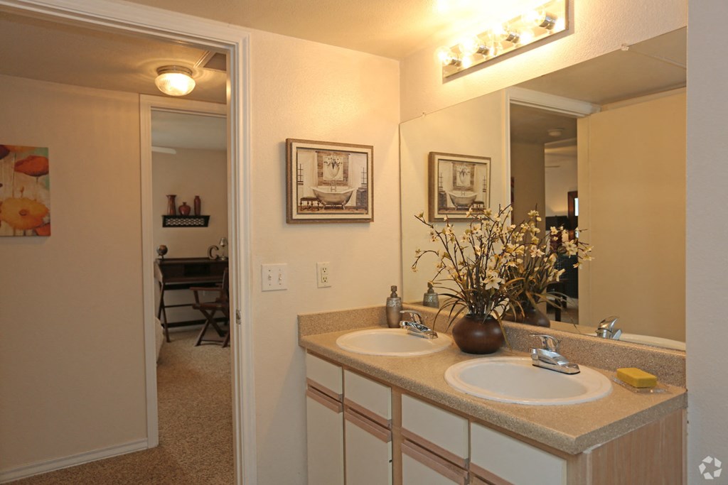 a bathroom with two sinks and a large mirror