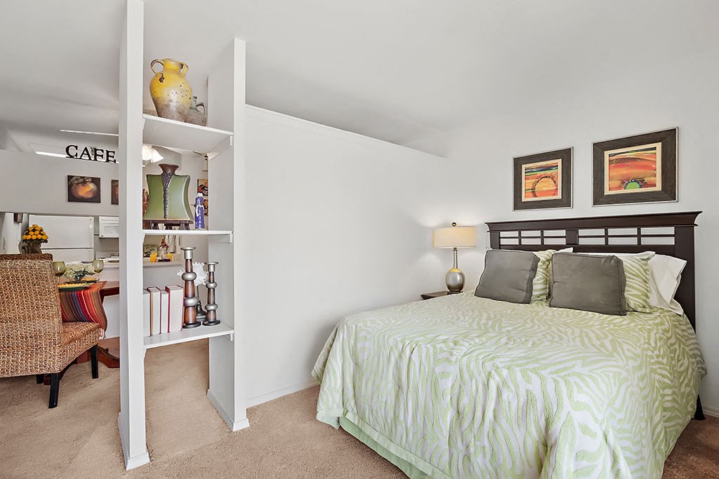 a bedroom with a bed and a book shelf
