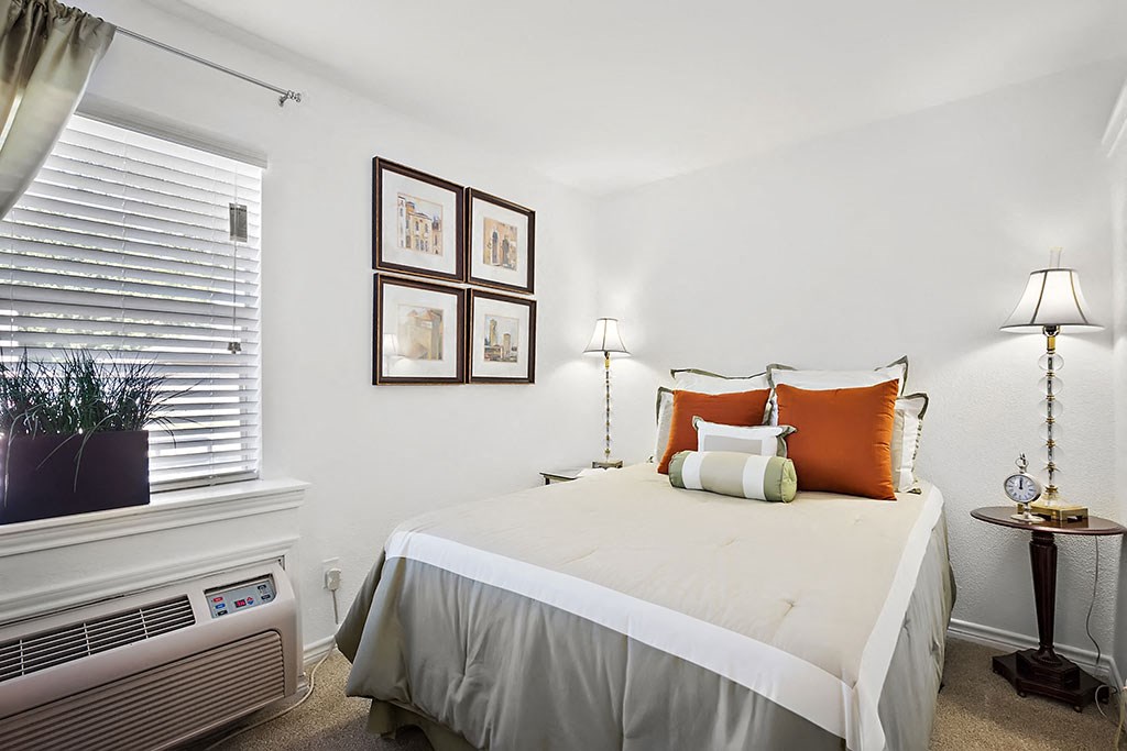 a bedroom with a bed and a window