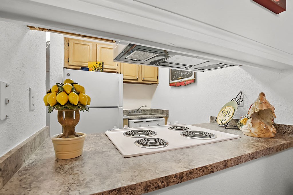 a kitchen with a stove top oven and a refrigerator
