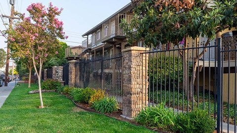 Landscape view by fence  l Alderwood Park Apartments in Livermore CA 