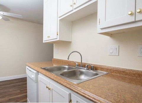A kitchen with a sink and cabinets.