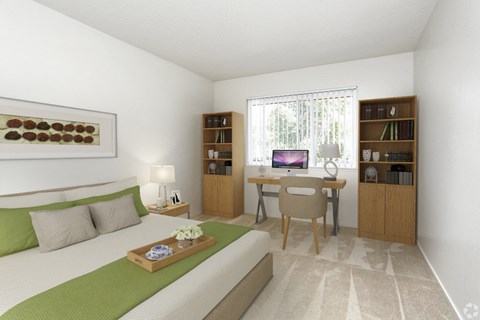 A bedroom with a bed, desk, and bookshelf.