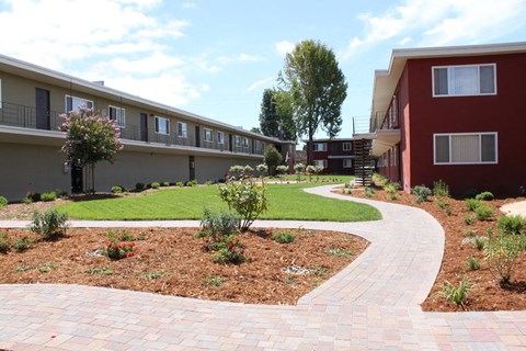 Grass courtyard by buildings l Garden Court Apartments in Alameda, CA