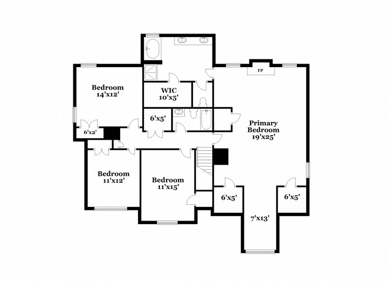 floor plan of the second level of the house with bedrooms and baths