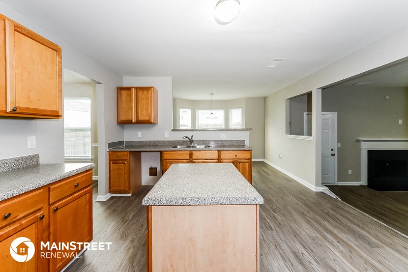 the kitchen and living room of a rental house