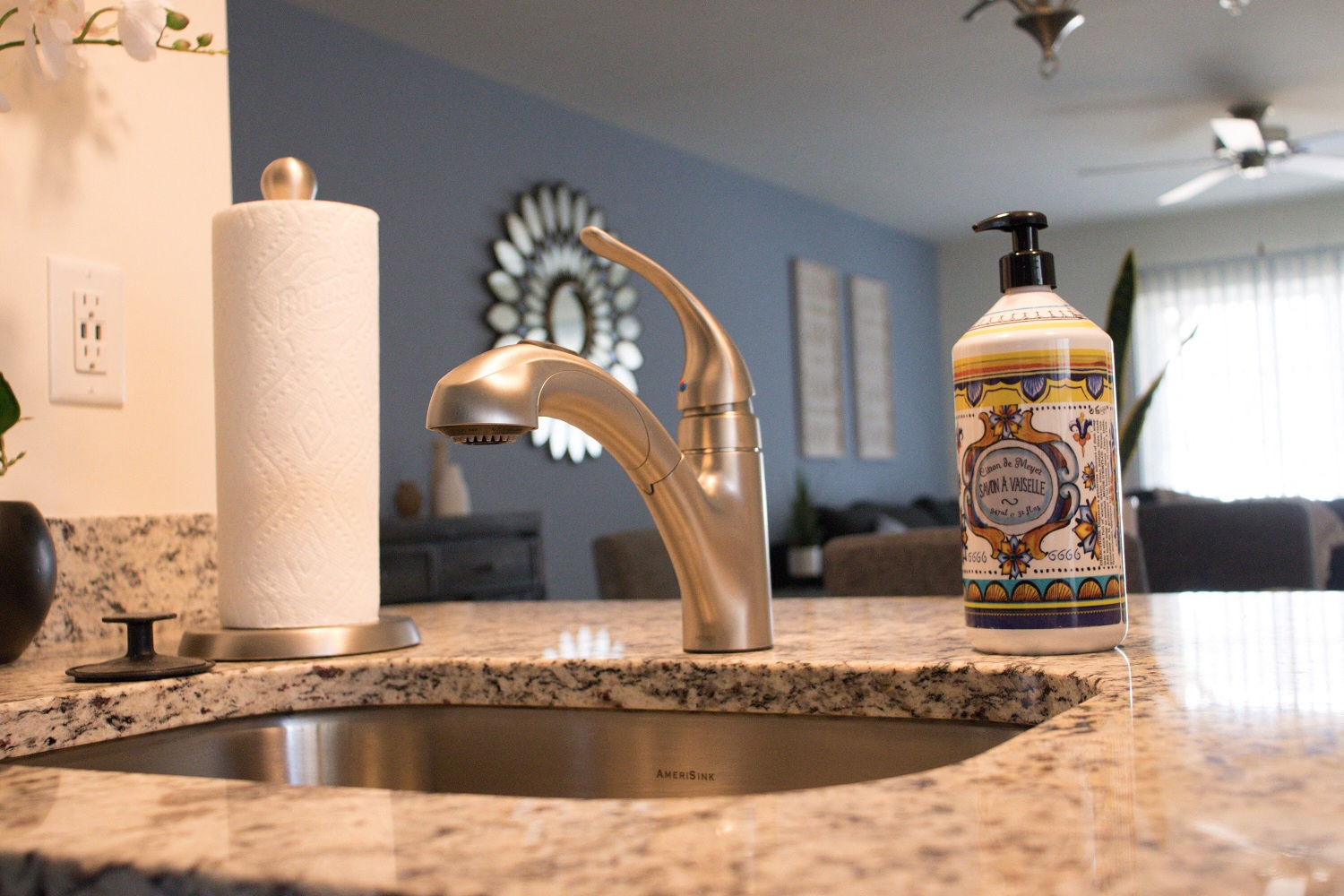 a kitchen sink with a bottle of soap and a paper towel on it