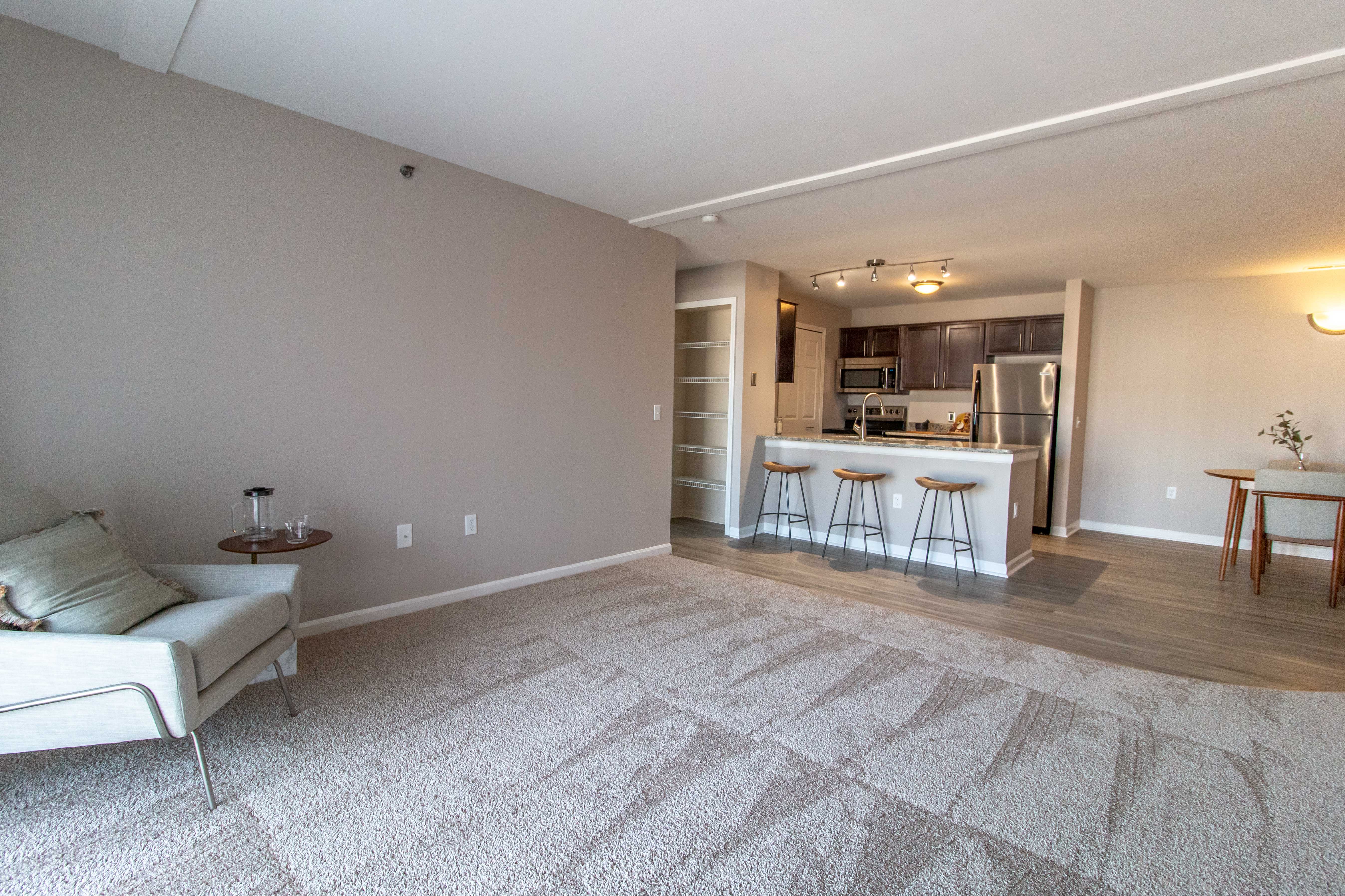A living room with a white couch and a grey carpet.