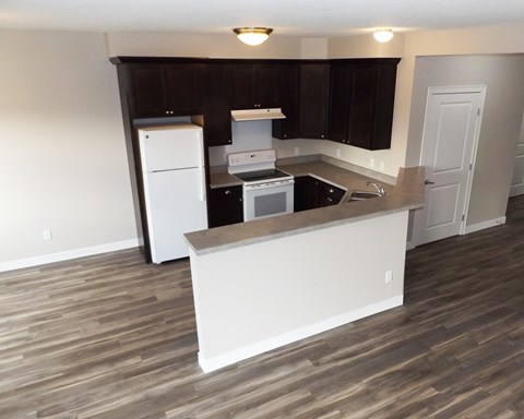 a view of a kitchen with a counter top and
