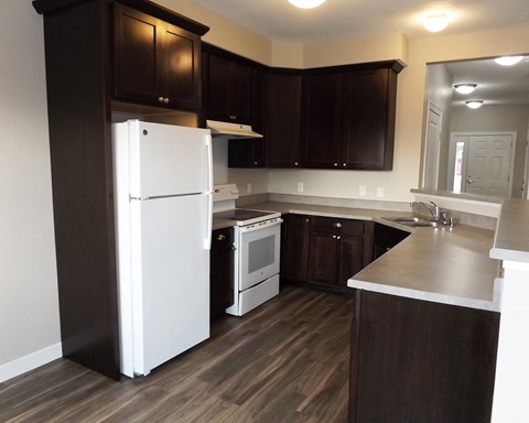 an empty kitchen with white appliances and dark cabinets