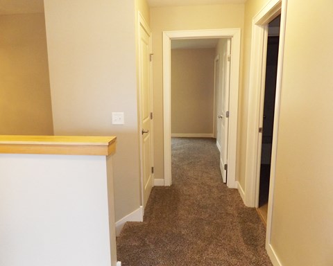 a hallway with a carpeted floor and a hall way with doors and a closet